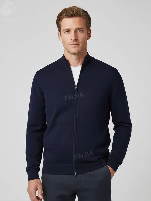 Men's Navy Slim-Fit Knit Zip-Up Jacket - Custom Stand-Collar & Minimalist Design