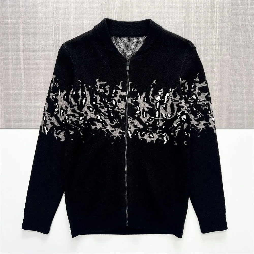 Men's Black & Silver Abstract-Pattern Knit Bomber Jacket - Custom Zip-Up Design
