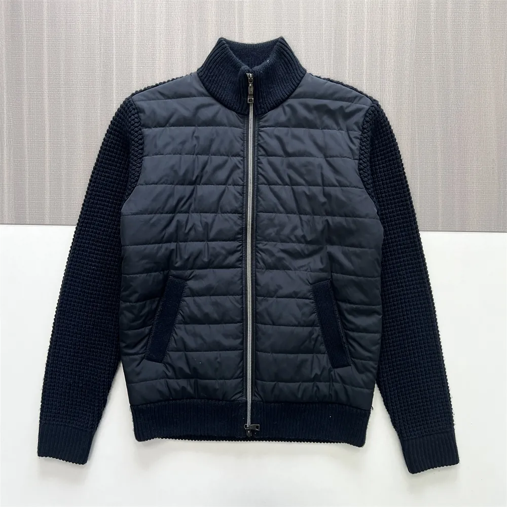 Men's Navy Quilted & Knit Hybrid Zip-Up Jacket - Custom Textured Sleeve Design