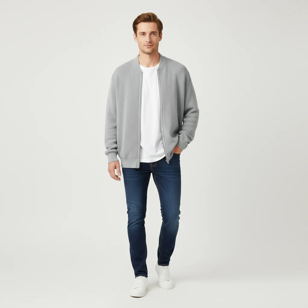 Men's Light Gray Rib-Knit Bomber Jacket - Custom Zip-Up & Relaxed-Fit Design