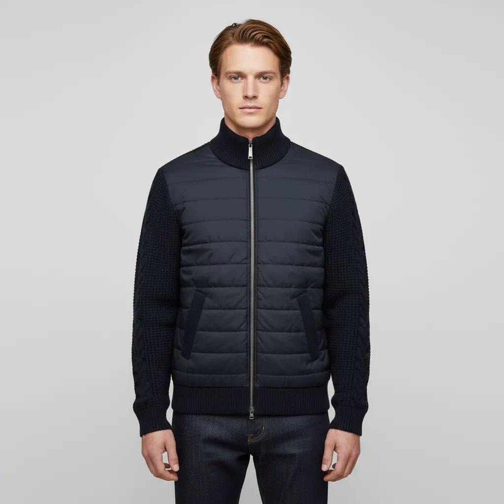 Men's Navy Quilted & Knit Hybrid Zip-Up Jacket - Custom Textured Sleeve Design