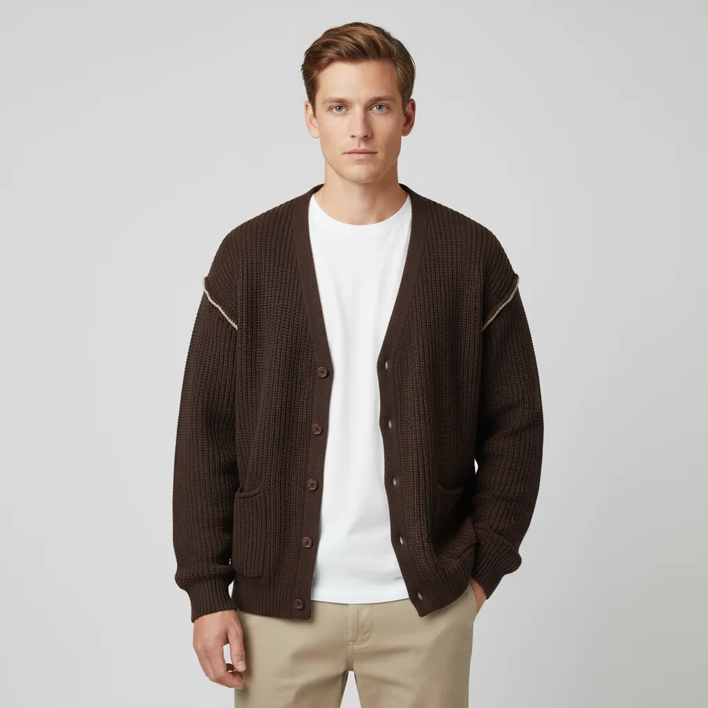 Men's Chocolate Brown Rib-Knit V-Neck Cardigan - Custom Contrast Stitch Design