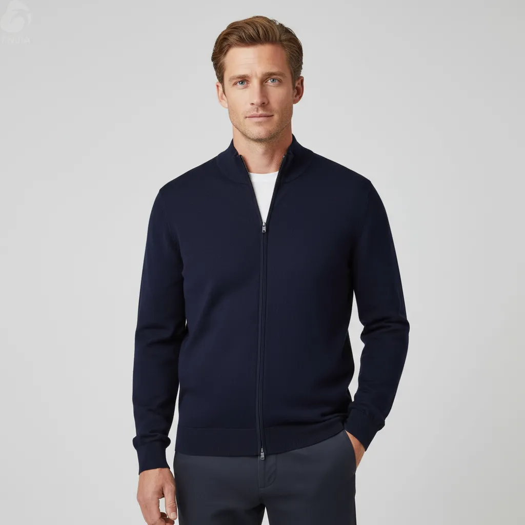 Men's Navy Slim-Fit Knit Zip-Up Jacket - Custom Stand-Collar & Minimalist Design