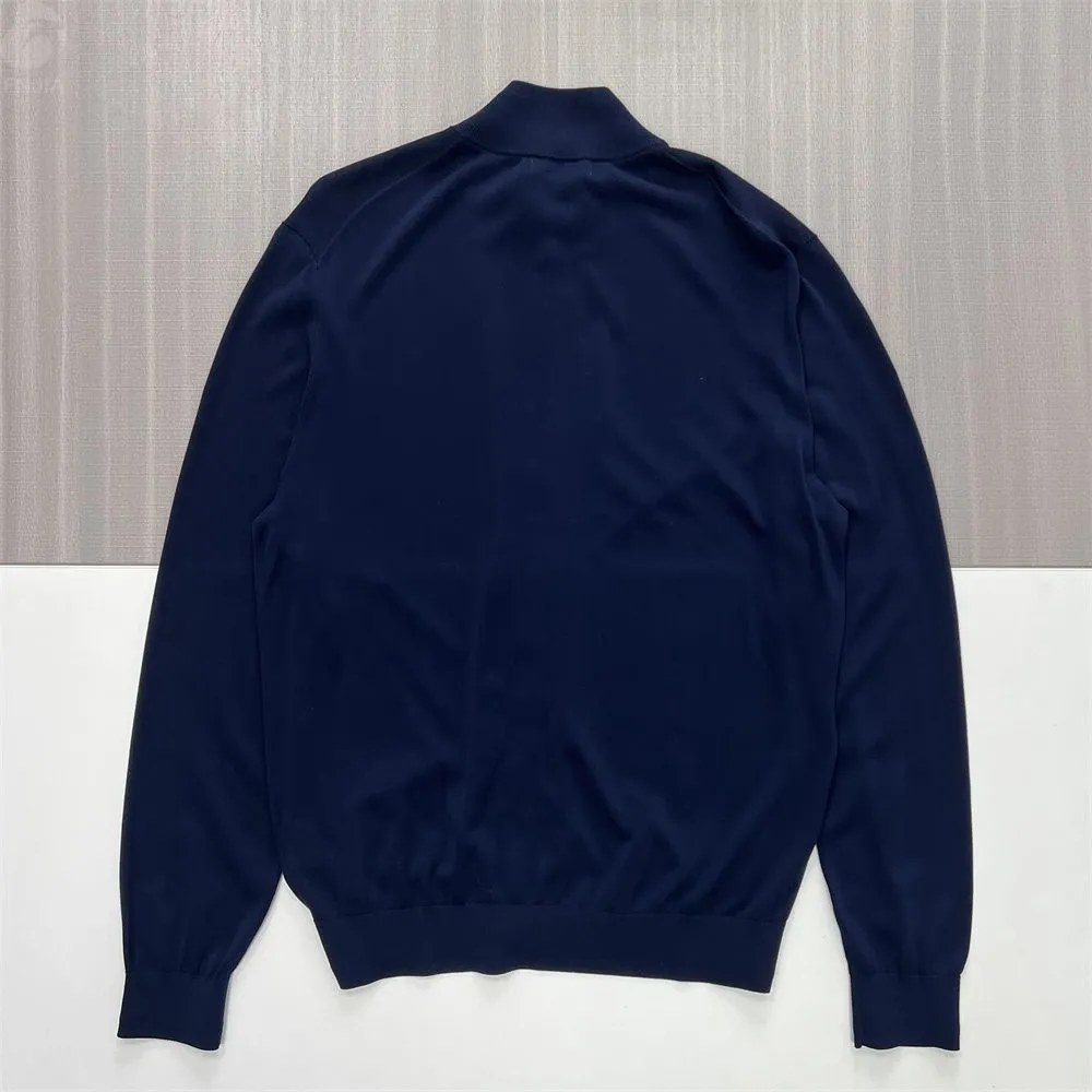 Men's Navy Slim-Fit Knit Zip-Up Jacket - Custom Stand-Collar & Minimalist Design