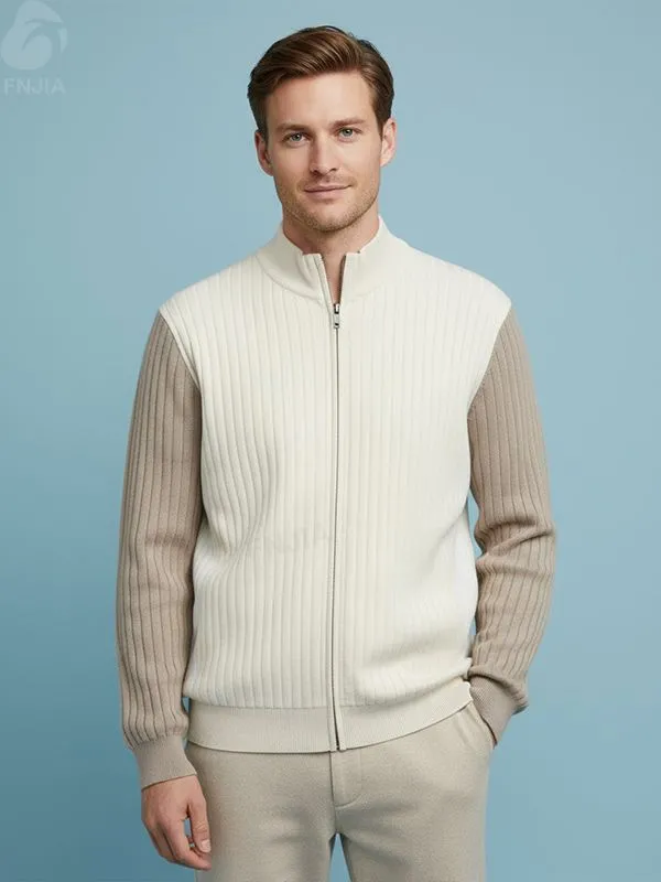 Men's Two-Tone Rib-Knit Zip-Up Jacket - Custom Color Block & Stand-Collar Design