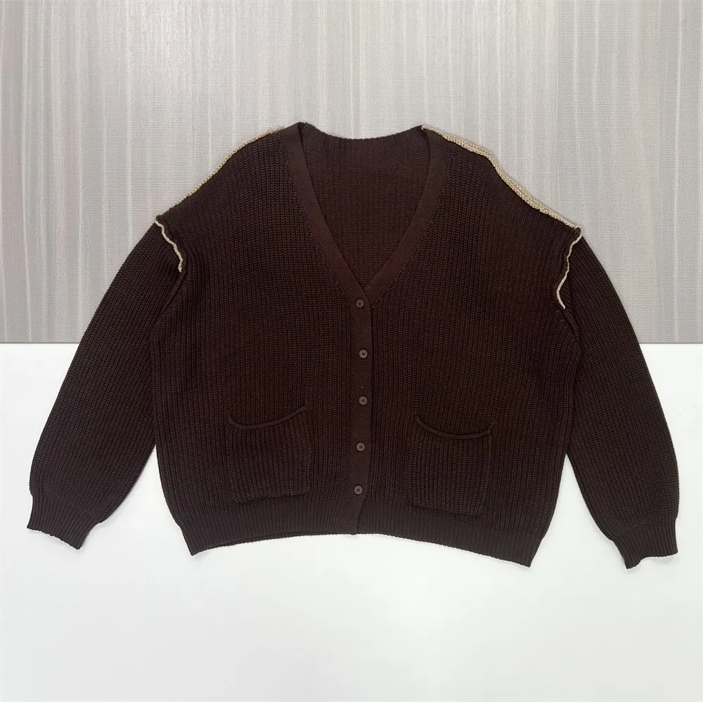 Men's Chocolate Brown Rib-Knit V-Neck Cardigan - Custom Contrast Stitch Design
