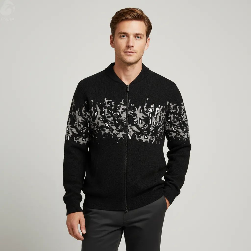 Men's Black & Silver Abstract-Pattern Knit Bomber Jacket - Custom Zip-Up Design