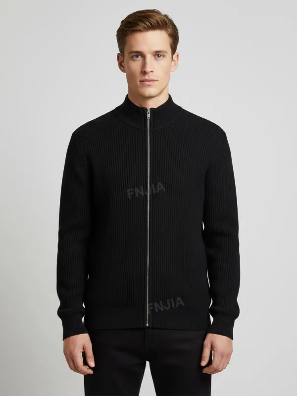 Men's Black Rib-Knit Stand-Collar Zip-Up Jacket - Custom Slim-Fit Design