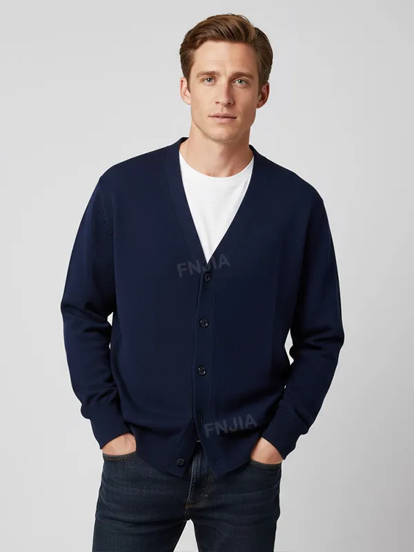 Men's Navy V-Neck Knit Cardigan - Custom Relaxed-Fit Design