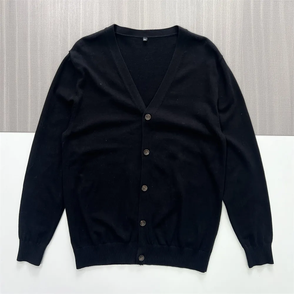 Men's Black V-Neck Knit Cardigan - Custom Button Detail & Relaxed-Fit Design
