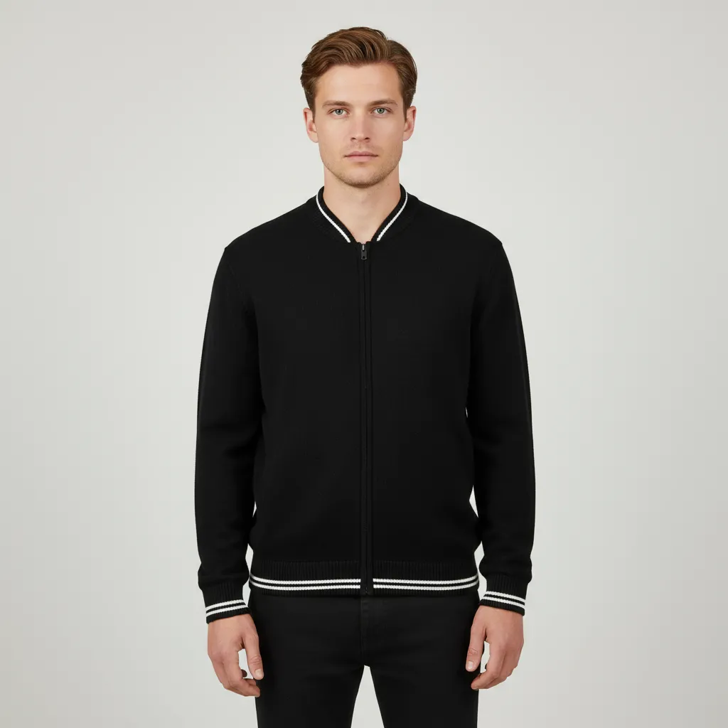 Men's Black Knit Bomber Jacket - Custom Striped Trim Design