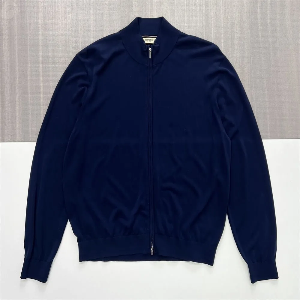 Men's Navy Slim-Fit Knit Zip-Up Jacket - Custom Stand-Collar & Minimalist Design
