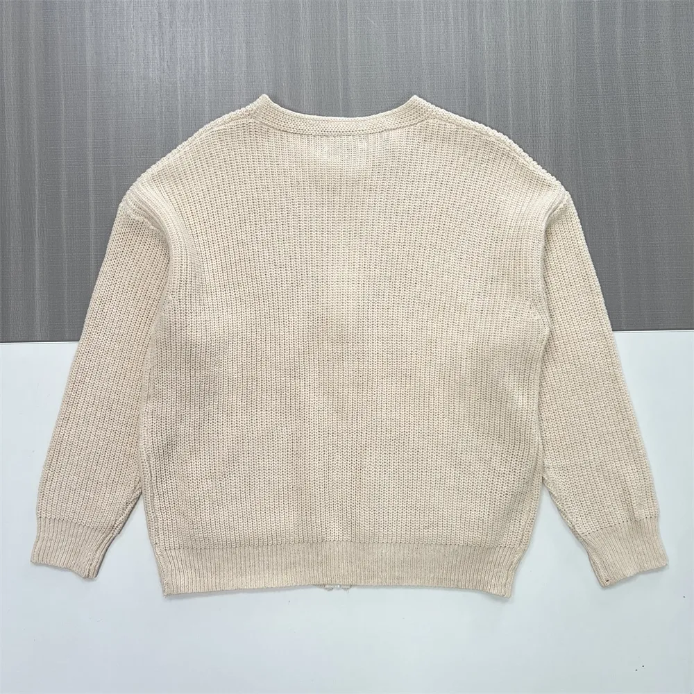 Men's Beige Rib-Knit Zip-Up Cardigan - Custom Oversized-Fit & Pocket Design