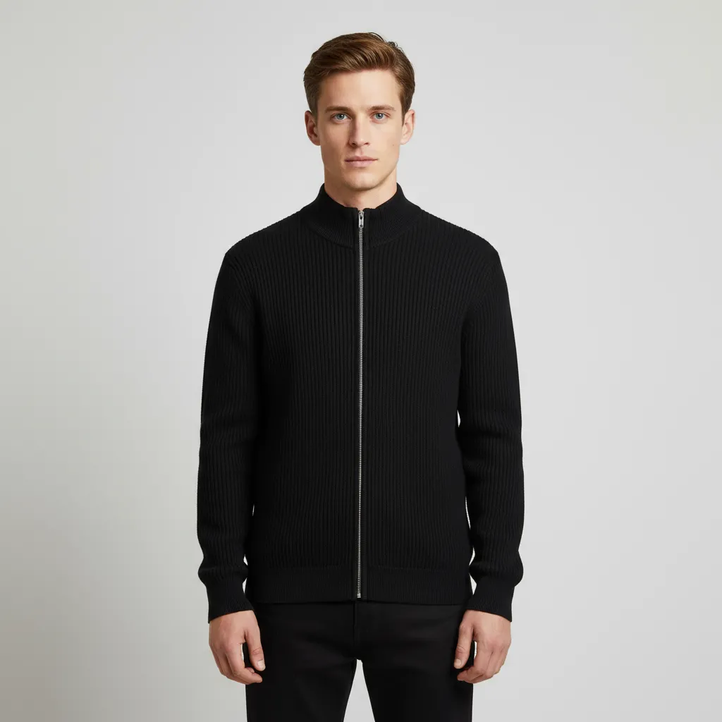 Men's Black Rib-Knit Stand-Collar Zip-Up Jacket - Custom Slim-Fit Design