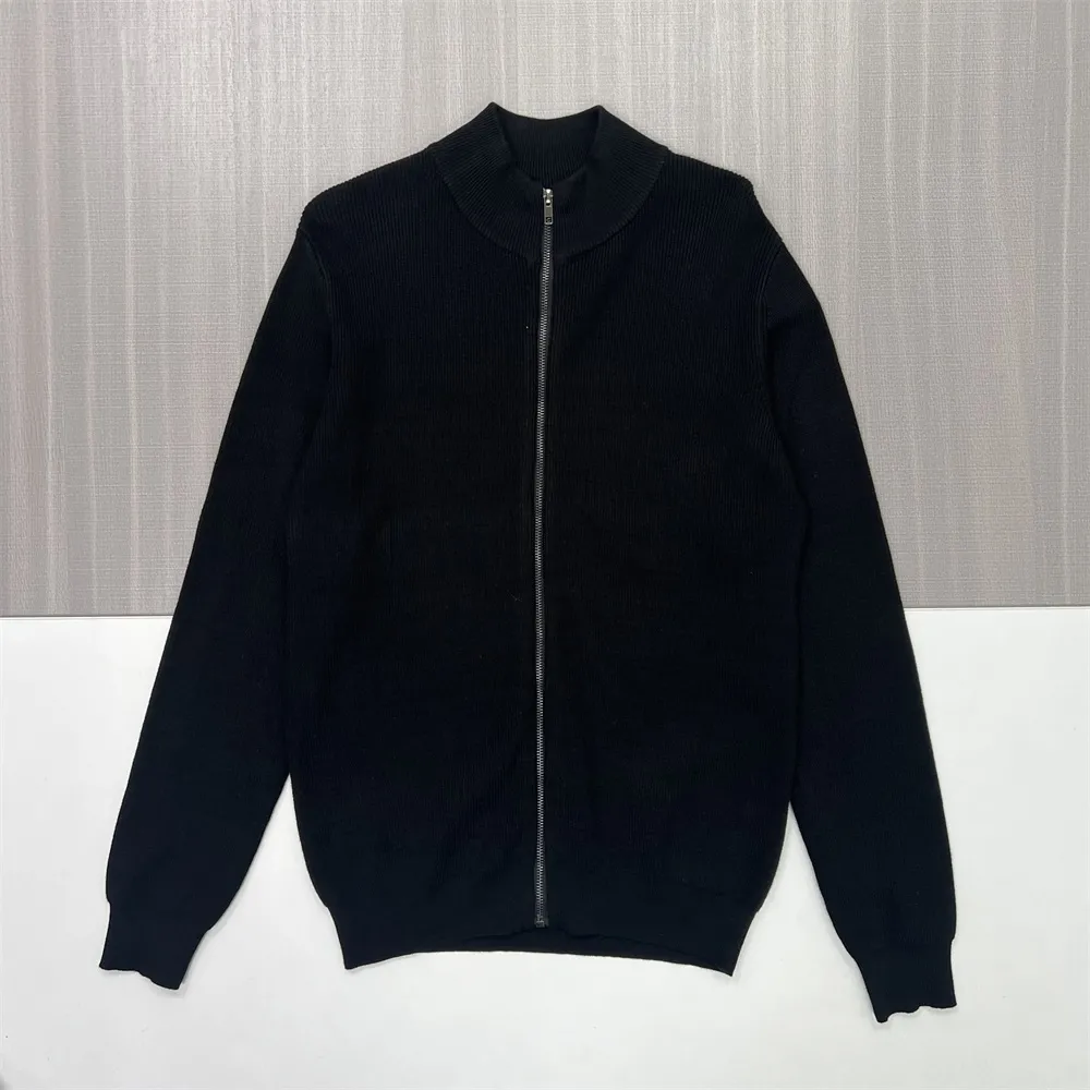 Men's Black Rib-Knit Stand-Collar Zip-Up Jacket - Custom Slim-Fit Design