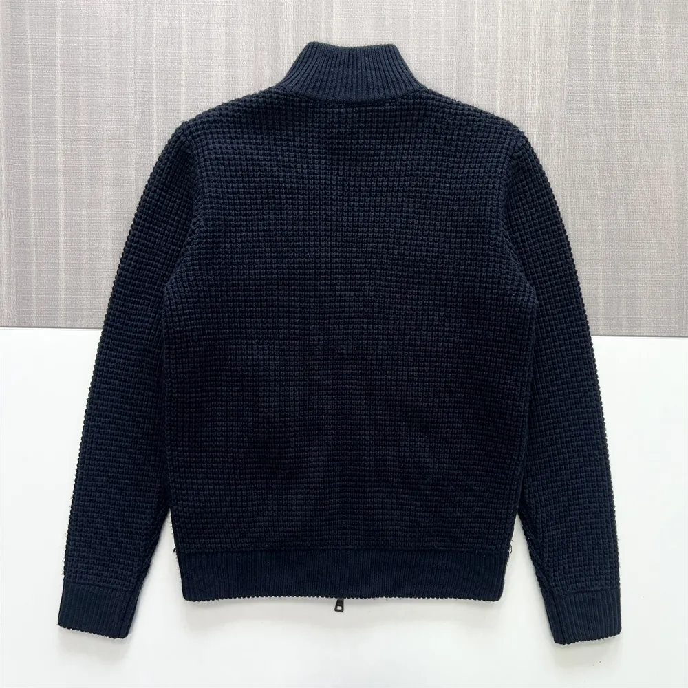 Men's Navy Quilted & Knit Hybrid Zip-Up Jacket - Custom Textured Sleeve Design