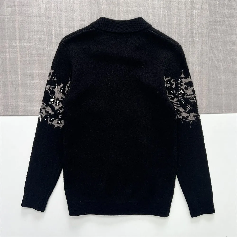 Men's Black & Silver Abstract-Pattern Knit Bomber Jacket - Custom Zip-Up Design