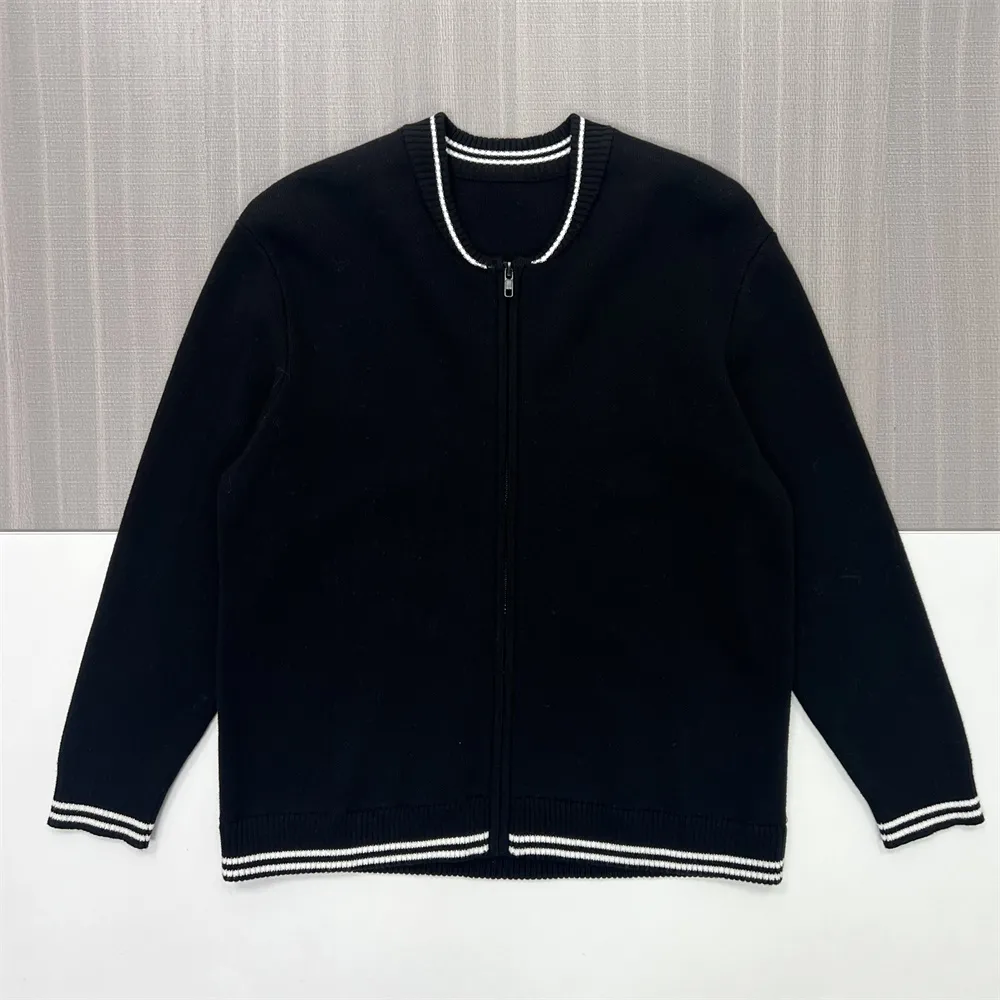 Men's Black Knit Bomber Jacket - Custom Striped Trim Design