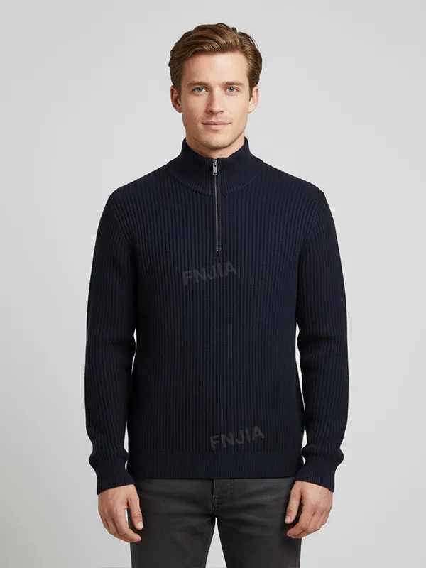 Men's Navy Rib-Knit Half-Zip Sweater - Custom Slim-Fit Design