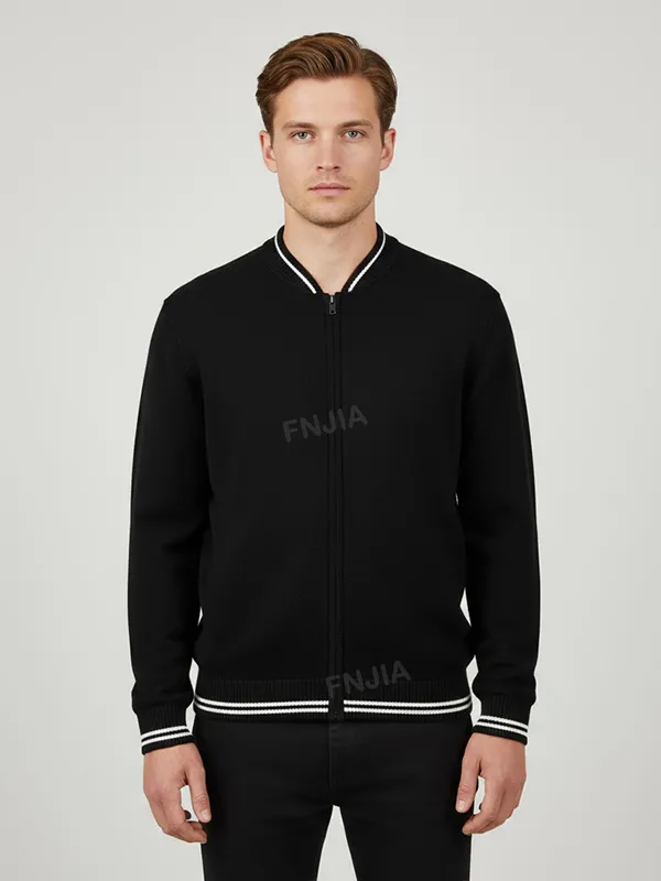 Men's Black Knit Bomber Jacket - Custom Striped Trim Design