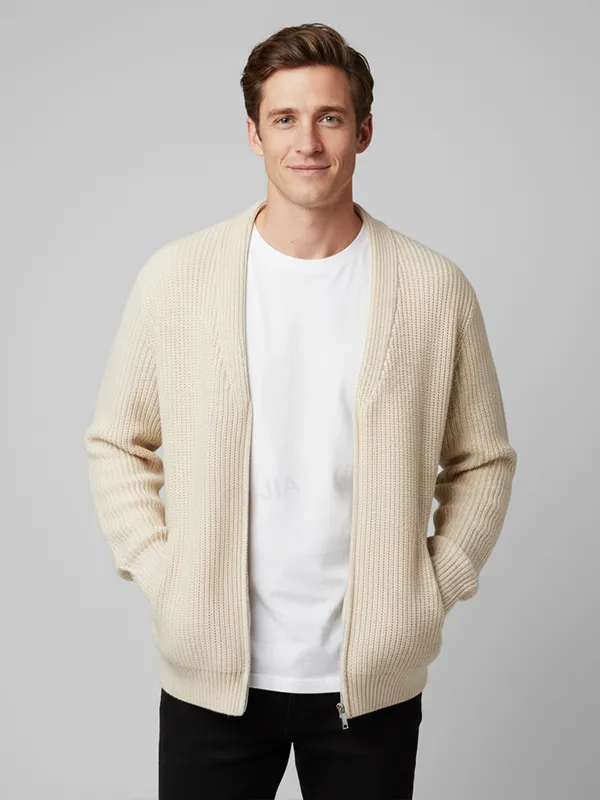 Men's Beige Rib-Knit Zip-Up Cardigan - Custom Oversized-Fit & Pocket Design