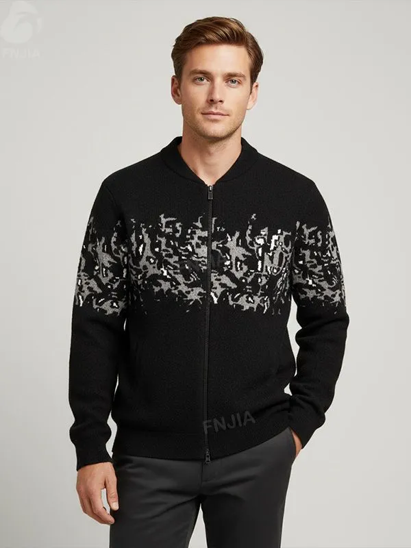 Men's Black & Silver Abstract-Pattern Knit Bomber Jacket - Custom Zip-Up Design