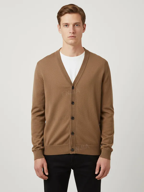 Men's Tan V-Neck Knit Cardigan - Custom Contrast Button Design