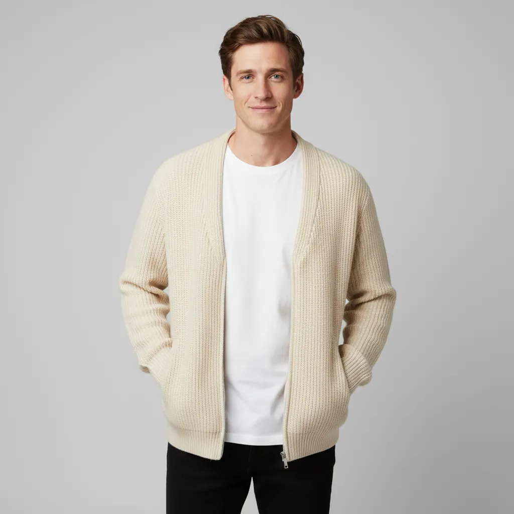 Men's Beige Rib-Knit Zip-Up Cardigan - Custom Oversized-Fit & Pocket Design