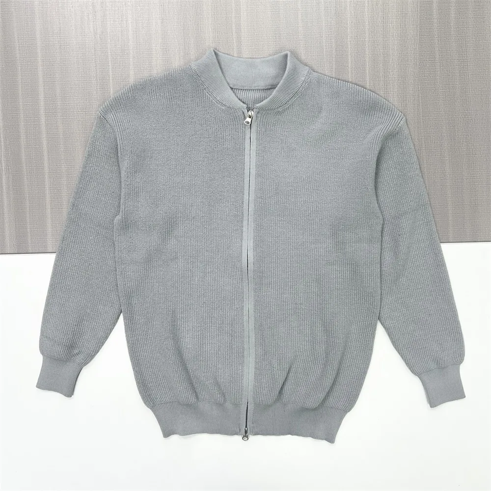 Men's Light Gray Rib-Knit Bomber Jacket - Custom Zip-Up & Relaxed-Fit Design