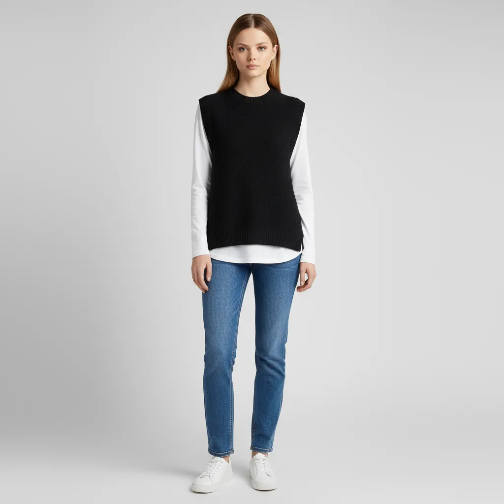 Women's Black Textured Crewneck Knit Vest - Custom Layered Versatile Design