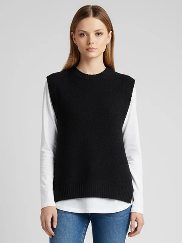 Women's Black Textured Crewneck Knit Vest - Custom Layered Versatile Design