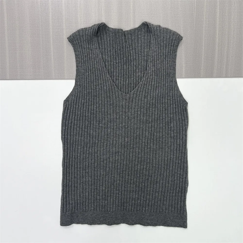 Women's Charcoal Ribbed V-Neck Knit Vest - Custom Sleek Layered Design