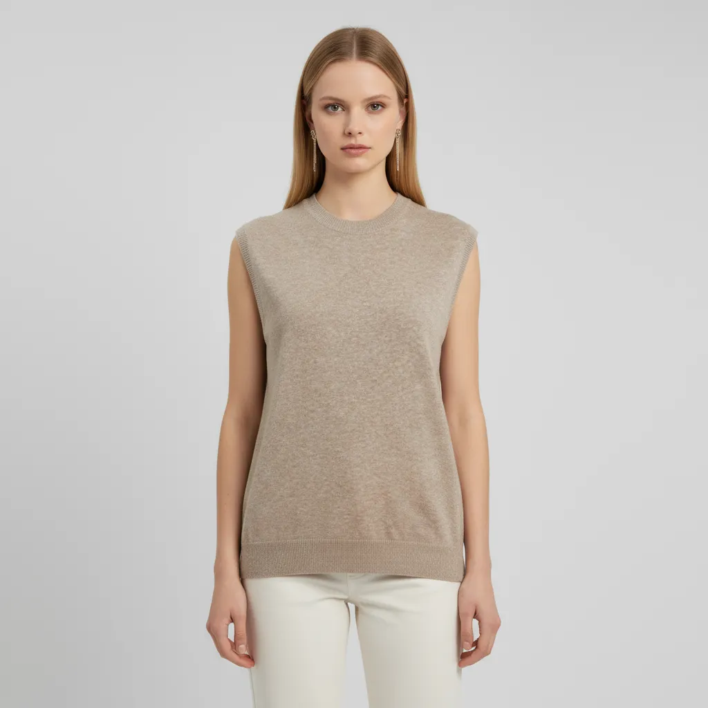 Women's Beige Marled Crewneck Knit Vest - Custom Versatile Layered Design