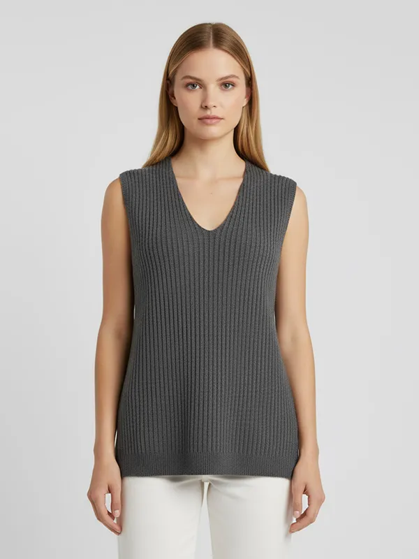 Women's Charcoal Ribbed V-Neck Knit Vest - Custom Sleek Layered Design
