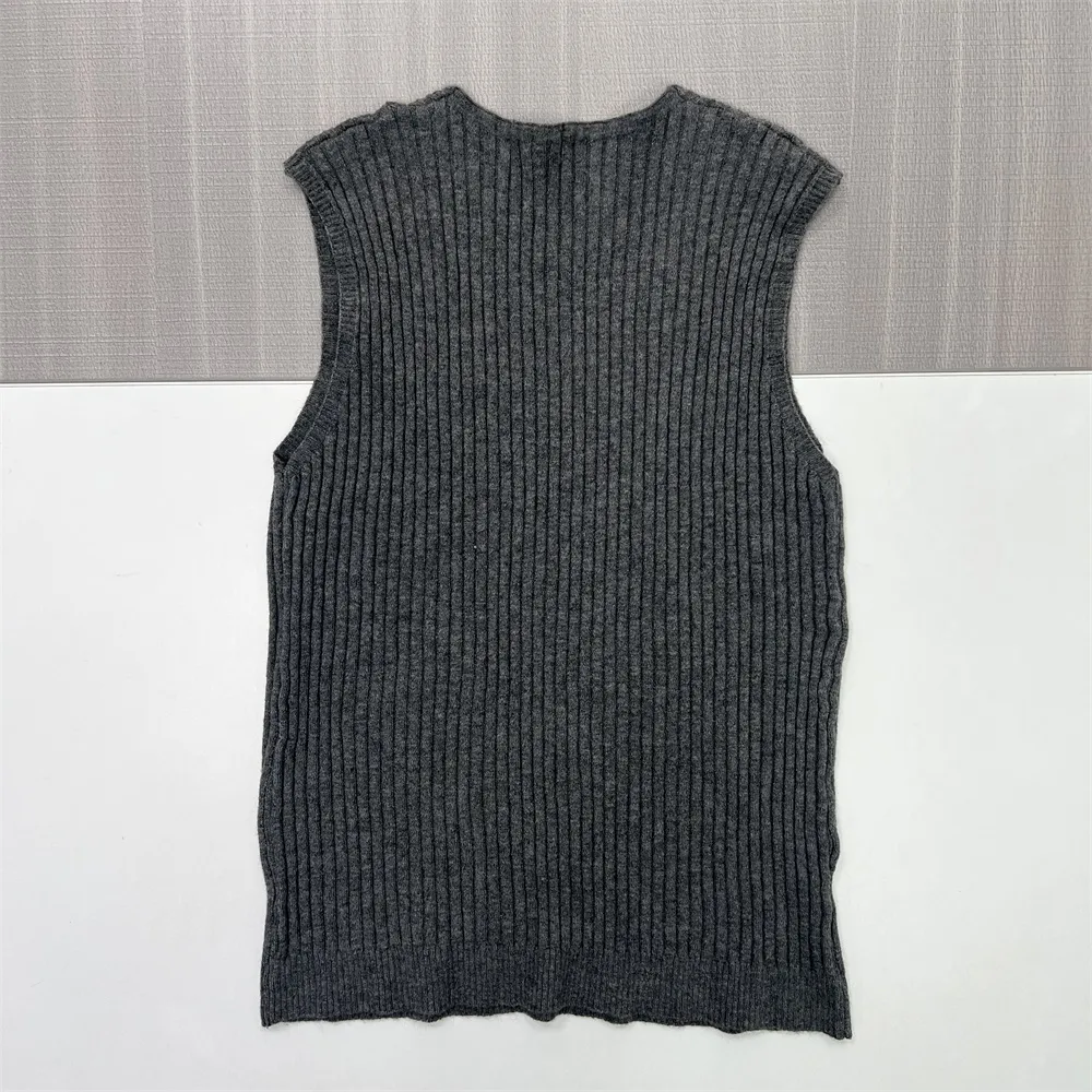 Women's Charcoal Ribbed V-Neck Knit Vest - Custom Sleek Layered Design