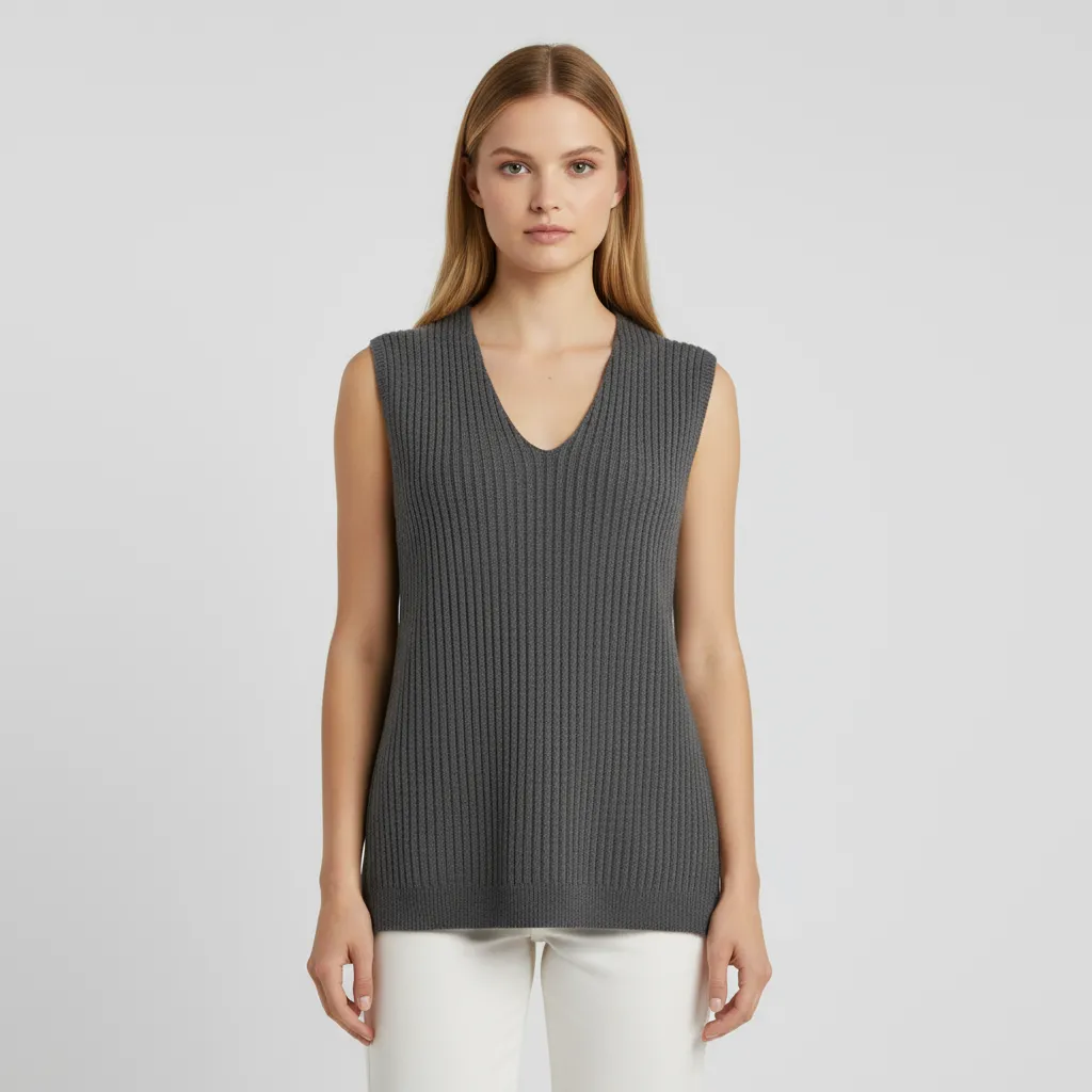 Women's Charcoal Ribbed V-Neck Knit Vest - Custom Sleek Layered Design