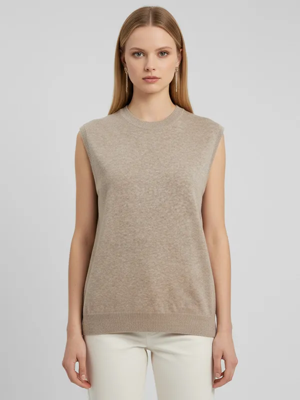 Women's Beige Marled Crewneck Knit Vest - Custom Versatile Layered Design