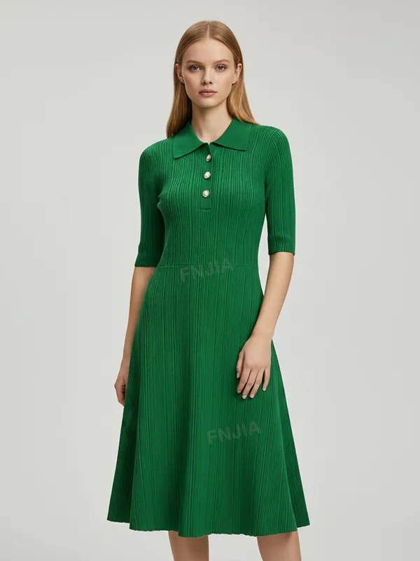 Women's Emerald Green Ribbed Polo-Collar Midi Dress - Custom Preppy Elegant Design