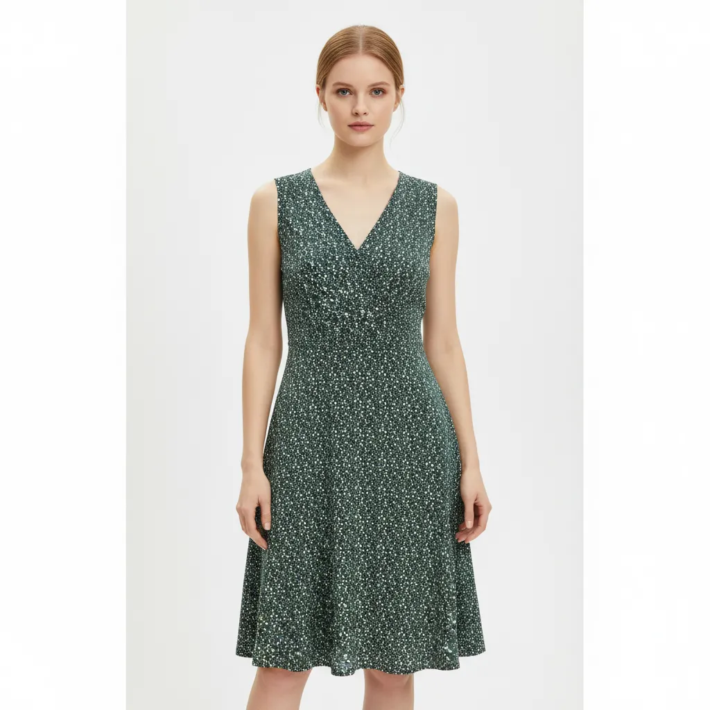 Women's Forest Green Ditsy-Print Sleeveless V-Neck Mini Dress - Custom Feminine Casual Design