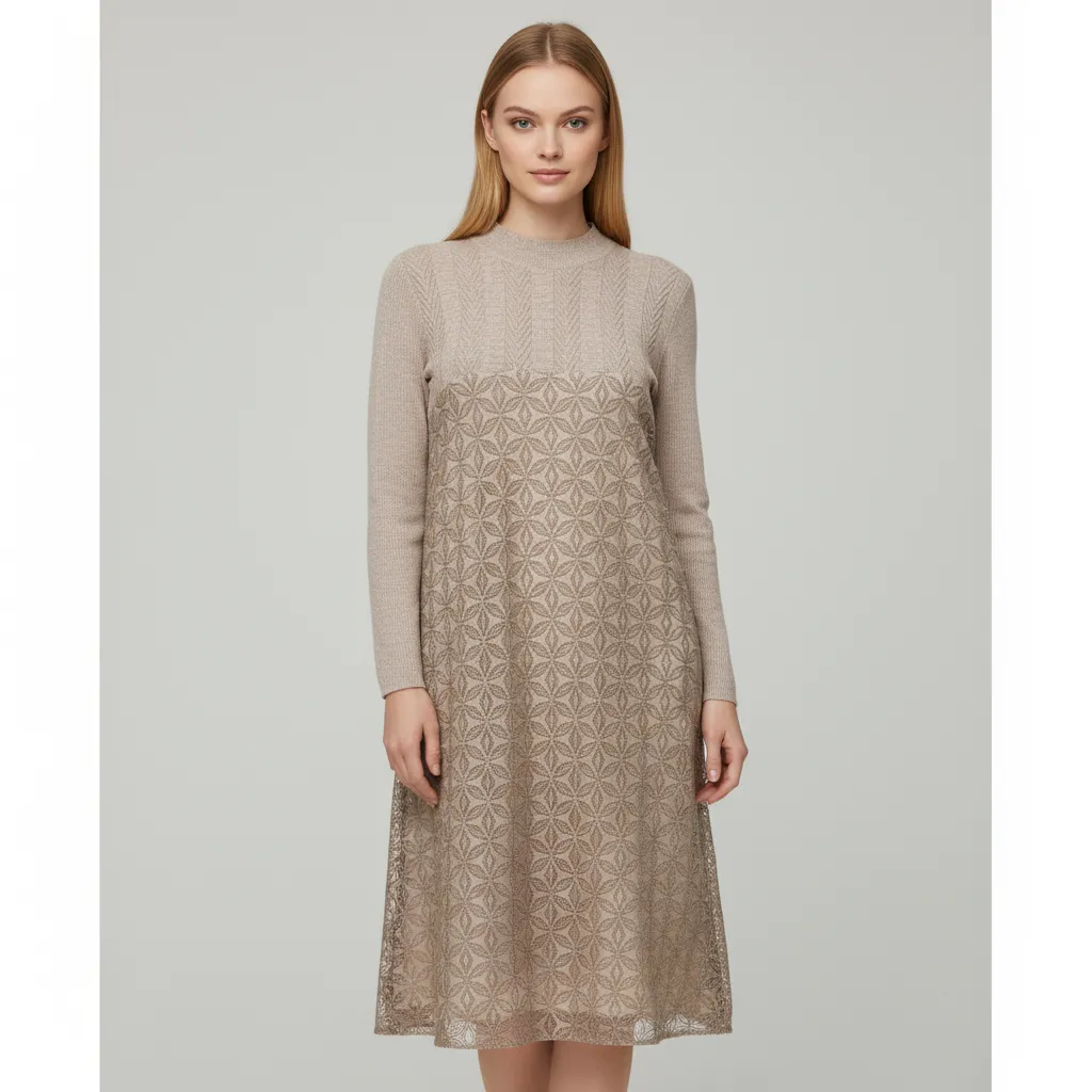 Women's Beige Textured-Knit Paneled Midi Dress - Custom Elegant Patterned Design