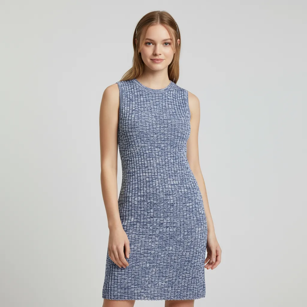 Women's Blue Textured Sleeveless Cutout Mini Dress - Custom Modern Knit Design