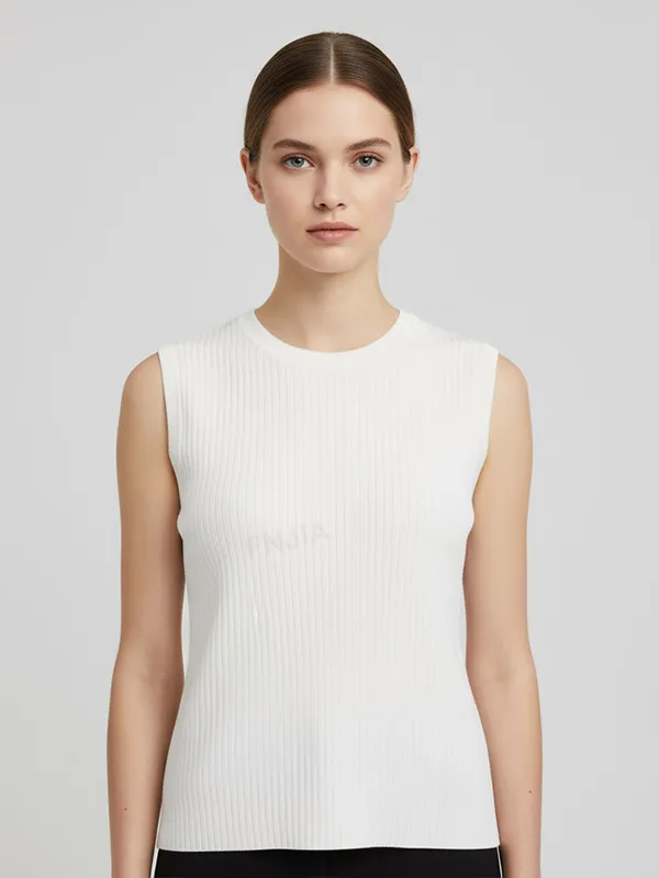 Women's White Ribbed Crewneck Sleeveless Knit Top - Custom Minimalist Design