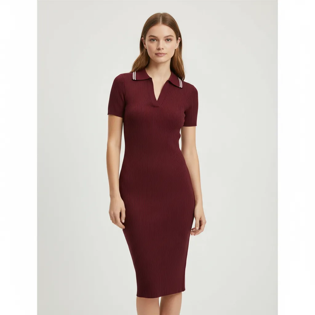 Women's Burgundy Ribbed Polo-Collar Knit Midi Dress - Custom Slim-Fit Preppy Design
