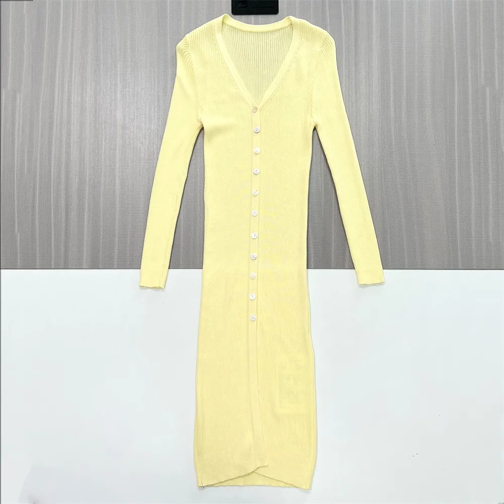 Women's Lemon Yellow Ribbed V-Neck Button-Front Midi Dress - Custom Slim-Fit Stylish Design