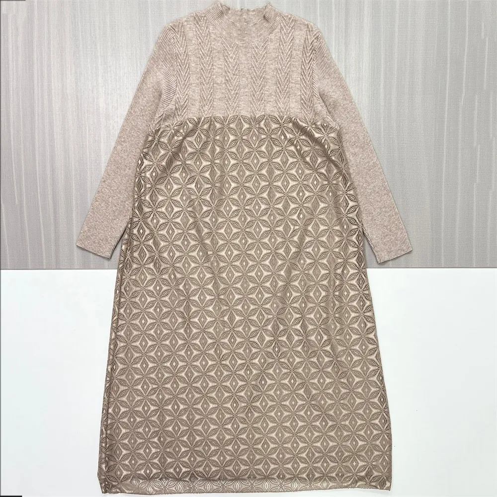 Women's Beige Textured-Knit Paneled Midi Dress - Custom Elegant Patterned Design