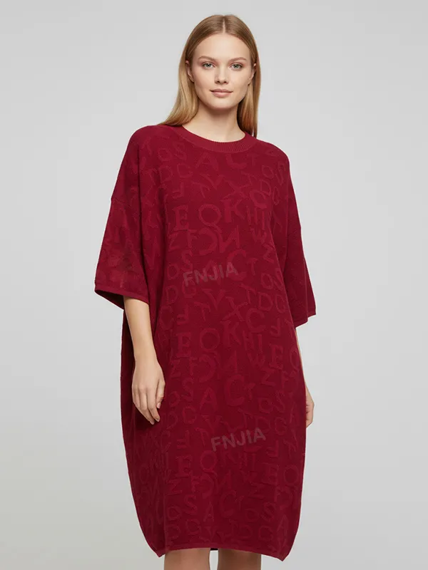 Women's Burgundy Typography-Knit Oversized Mini Dress - Custom Modern Statement Design