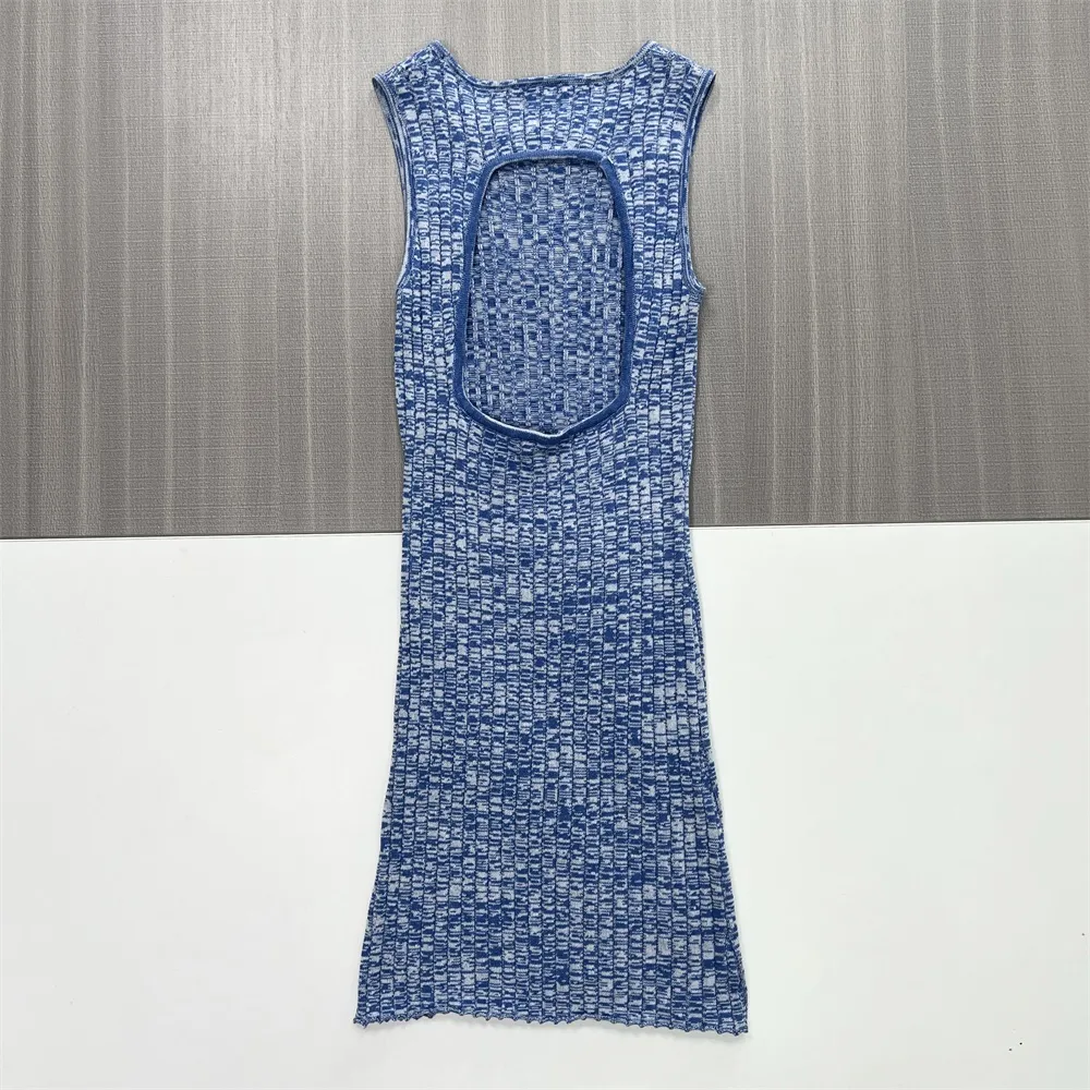 Women's Blue Textured Sleeveless Cutout Mini Dress - Custom Modern Knit Design