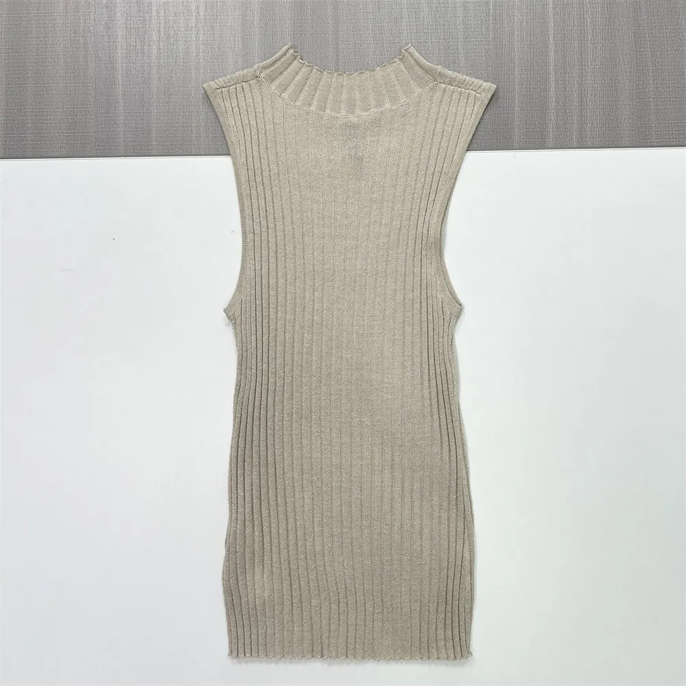 Women's Beige Ribbed Mock Neck Sleeveless Knit Top - Custom Slim-Fit Design