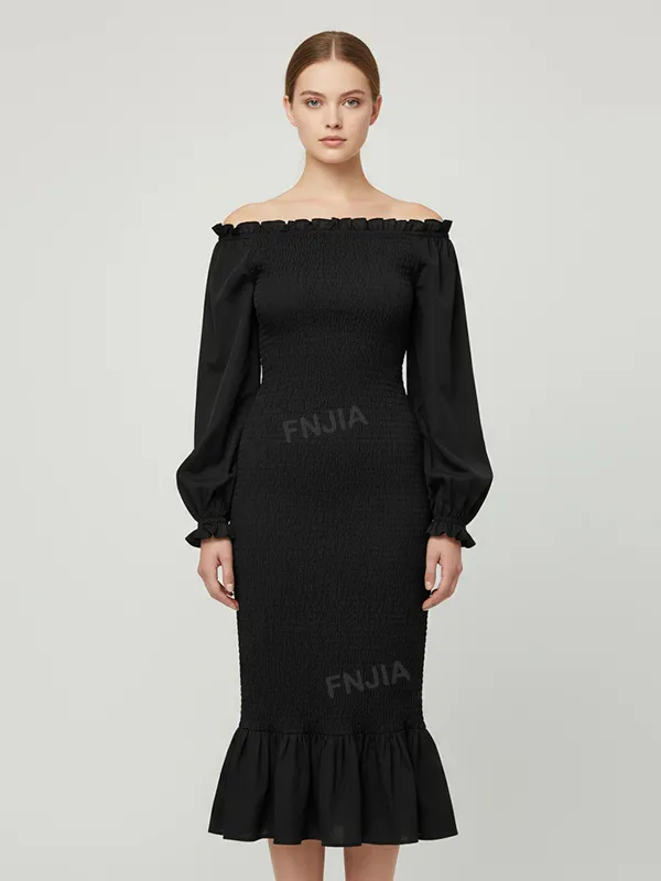 Women's Black Smocked Off-Shoulder Puff-Sleeve Mermaid Midi Dress - Custom Elegant Formal Design