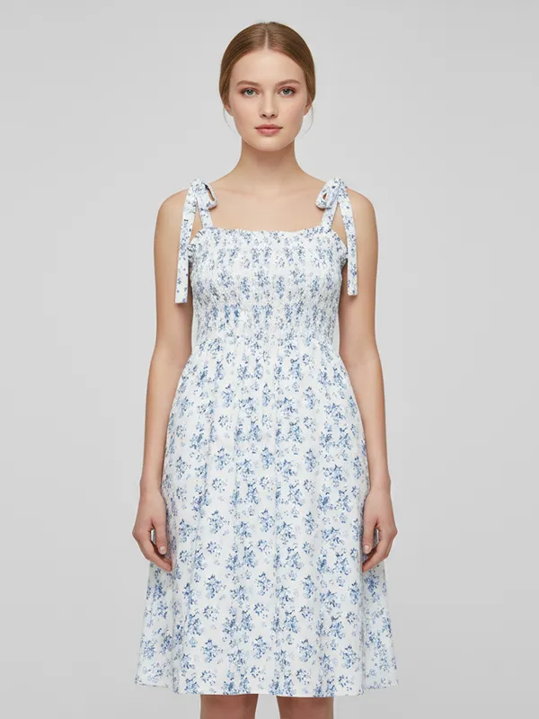 Women's White & Blue Floral Tie-Strap Smocked Midi Dress - Custom Feminine Casual Design